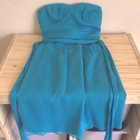 J. Crew Teal Blue Silk Chiffon Voletta Strapless Knee Length Dress, 2 / XS - Picture 2 of 8